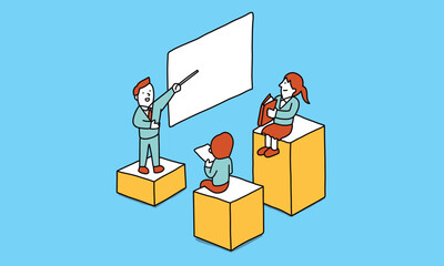 授業をする講師とそれを聞きながら成長する学生・ビジネスマン