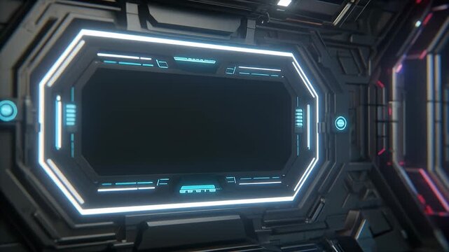Futuristic dark spaceship interior with glowing blue and white lights and an octagonal screen.
