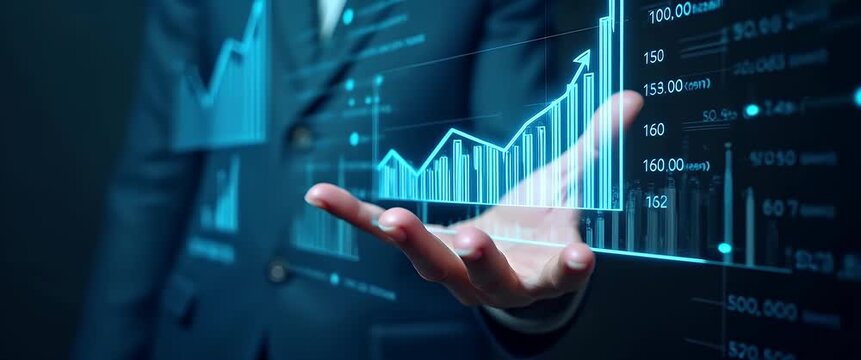 A business professional presents a digital financial graph as data points dynamically shift upward, with a cinematic slow pan capturing ambient light flickers, highlighting economic growth and innovat