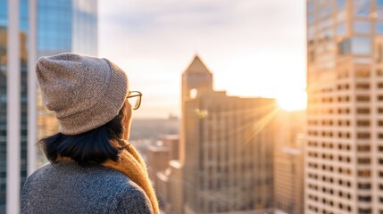 Person watches sunrise from a rooftop in a city skyline