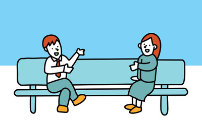 長いベンチの端に座って話し合う男性と女性のイラスト