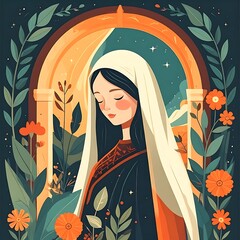 Woman with white veil stands before arch with starry night and mountain background, surrounded by flower and leaf foliage