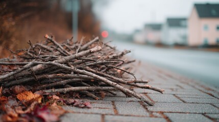 Sticks and leaves on a sidewalk by a road in a quiet neighborhood during autumn