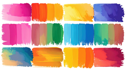 A vibrant composition showcasing color swatches, each a rectangular brushstroke displaying a diverse range of hues from pink to blue