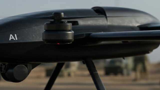 Close-up view of military multirotor drone equipped with AI technology, designed for tactical missions, surveillance, and autonomous operations.