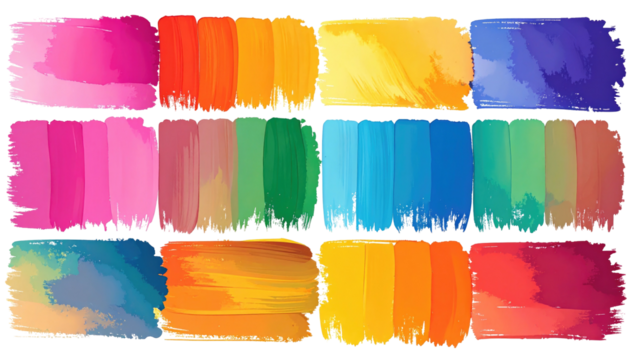 A vibrant composition showcasing color swatches, each a rectangular brushstroke displaying a diverse range of hues from pink to blue - Powered by Adobe