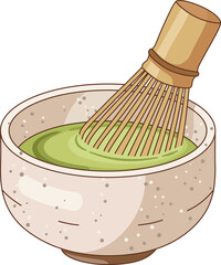 Hand Drawn Illustration of Matcha Green Tea in a Ceramic Bowl with a Bamboo Whisk