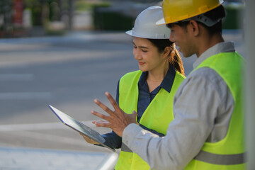 Professional engineers wearing safety helmets are reviewing blueprints on a tablet and discussing manufacturing projects with colleagues, emphasizing safety, teamwork, planning, and industry 