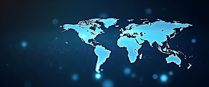 A glowing world map floats in a digital space with flickering lights, as the camera slowly pans across the scene, creating a cinematic depiction of global connectivity and technology evolution.