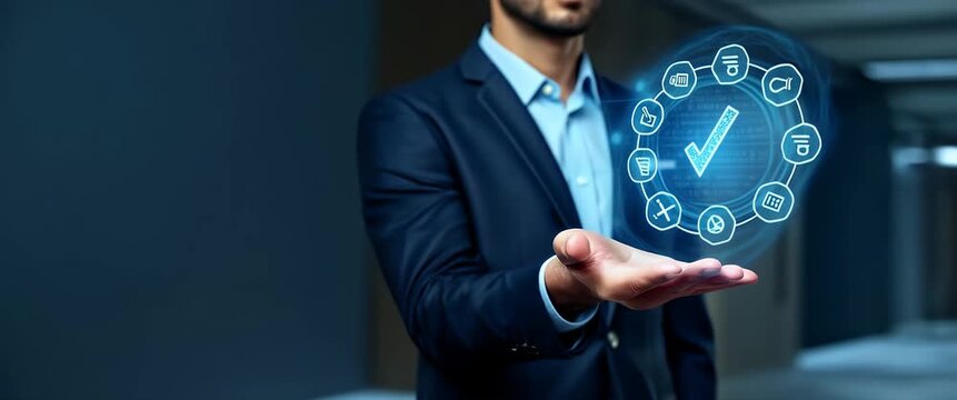 Businessman presents holographic technology icons floating above his hand, with a gentle pan across a cinematic office setting, lights flickering subtly to evoke innovation and success.
