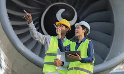 Professional engineers wearing safety helmets are reviewing blueprints on a tablet and discussing...