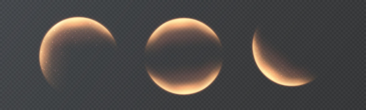 Luminous crescent phases and eclipses on a transparent background. Vector light overlay for compositing, user interface, game effects, and light overlays.