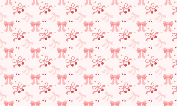 Soft Peach Bow and Cherry Seamless Pattern for Sweet Girly Stationery 