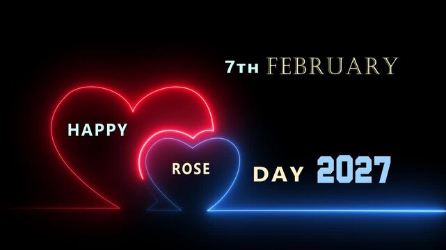 Celebrate 7th February Happy Rose Day 2027 with artistic red roses and a luminous neon heart symbol background.