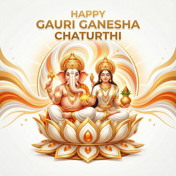 Happy Gauri Ganesh Chaturthi Festival Illustration with Gold Decorated Hindu Deities Ganesha and Parvati on Lotus Throne