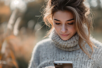 A woman wearing a sweater and holding a cell phone