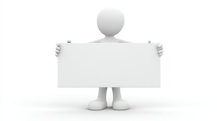 3d stick figure holding blank sign, isolated on transparent background