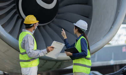 Professional engineers wearing safety helmets are reviewing blueprints on a tablet and discussing manufacturing projects with colleagues, emphasizing safety, teamwork, planning, and industry 