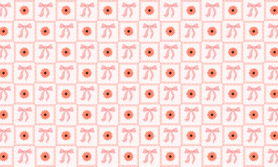 Vintage Coquette Style Seamless Background with Small Flowers and Pink Bows 