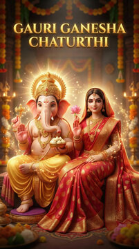 Gauri Ganesh Chaturthi Hindu Festival Celebration with Lord Ganesha and Goddess Parvati in Traditional Attire and Golden Temple Decor