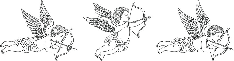 Three flying Cupid silhouettes with bows, heart arrows, romantic symbol, Valentine theme, love illustration, cherub figures, classical design