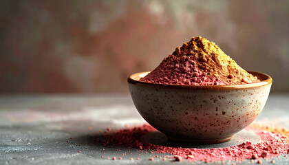 Ceramic speckled bowl filled with dusty rose and gold pigment powder on a refined, blurred backdrop. Elegant background with mineral powder or beauty ingredients and copy space. Pastel holi powders