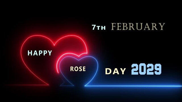  Elegant 7th February Happy Rose Day 2029 wallpaper with blooming red roses and a stylish neon heart sign.
