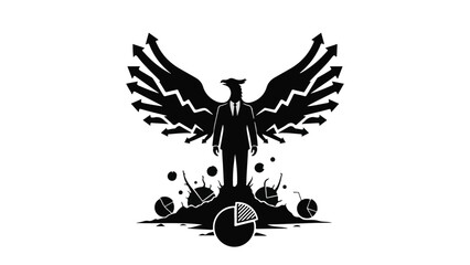 Silhouette of a man with wings standing on clock and arrows