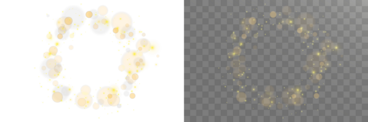 Glittering golden particles in dreamy swirling motion with shining stars, magical dust trails and soft bokeh glow isolated on transparent background perfect for luxury holiday overlays and celebration