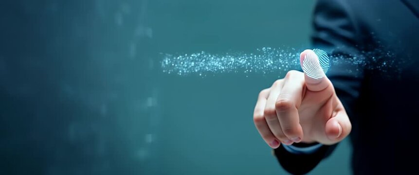 Scan fingerprint biometric ID enhance cybersecurity robust password replacement future authentication ensures data protection concept as Businessman places thumb on sensor authenticates identity digit