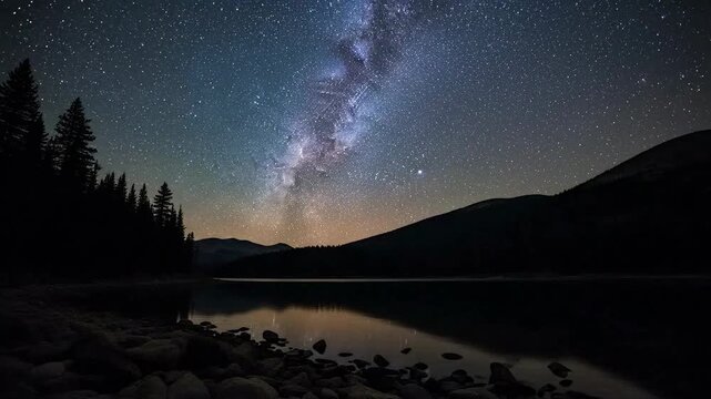 Majestic nightscape featuring the Milky Way reflected in a serene lake surrounded by mountains.