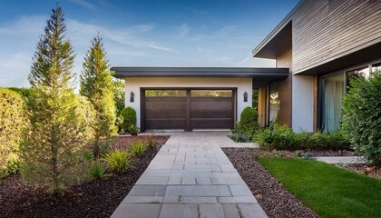 modern home entrance with a beautifully landscaped garden and pathway
