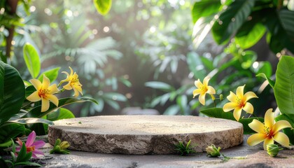Stone pedestal surrounded by vibrant yellow flowers and lush green foliage in a tropical jungle setting