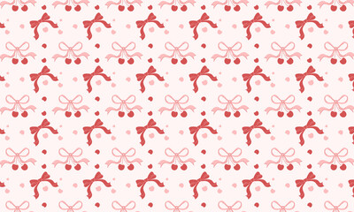 Seamless Coquette Pattern with Pink Bows and Red Cherries on White Background