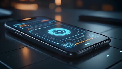 A modern smartphone displaying a futuristic holographic interface on a dark, reflective surface, showcasing advanced technology and digital innovation.