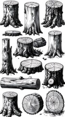 Woodcuts of tree stumps and logs, a stark collection rendered in black and white, showing natural textures