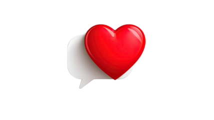 A vibrant 3d red heart shape over white chat bubble isolated on a white background serves as a romantic symbol of love and passion for Valentine's Day, decoration, or a digital icon illustration