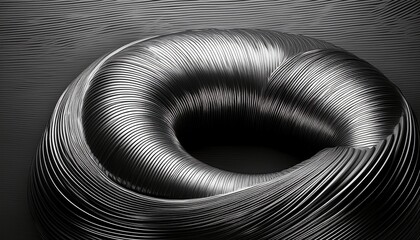 abstract metallic torus shape with curved ribbed surface and textured background in monochrome