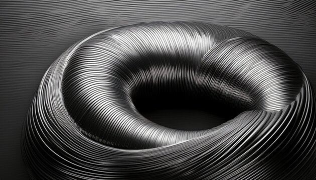 abstract metallic torus shape with curved ribbed surface and textured background in monochrome