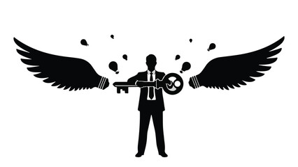 Businessman with wings and gun in black silhouette