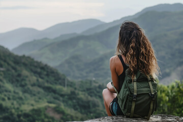 A woman with long hair is sitting on a rock in the mountains