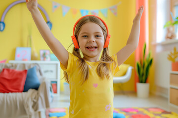 A girl in a yellow shirt is wearing headphones and smiling