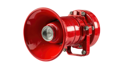 A small red fire hydrant and metal extinguisher alongside an electric red fire alarm stand as bright plastic and glass technology equipment isolated on white