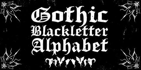 An ornate gothic blackletter typography design with decorative flourishes and dark aesthetics