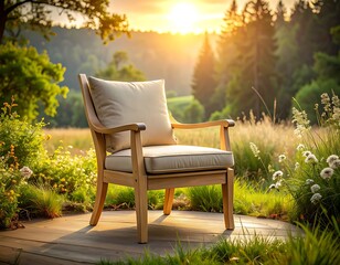 Wooden armchair with cushions sits on a wooden platform amidst a field as the golden sun sets in the distance