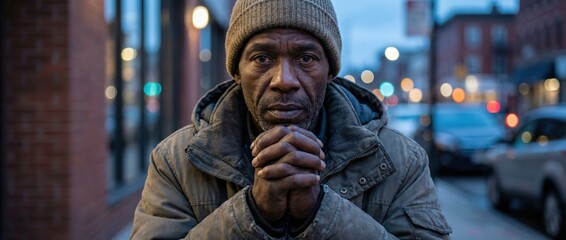 Senior African American man praying or hoping on city street at dusk, with bokeh lights Concept of resilience, faith, and urban hardship