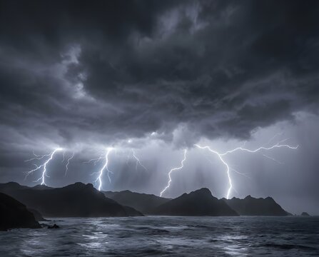 Dark clouds with flashes of lightning filled the sky - Powered by Adobe