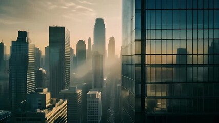 Sunrise or sunset over a modern urban cityscape with numerous tall skyscrapers and reflective glass facades. - Powered by Adobe