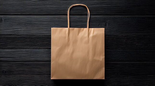 A plain tan paper bag with handle straps rests on a dark, textured, horizontal wooden surface