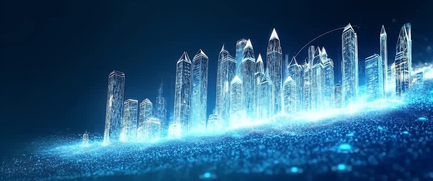 Futuristic digital cityscape emerges from a glowing data stream with lights flickering gently, as the camera slowly pans across the scene, offering a cinematic exploration of technology and innovation